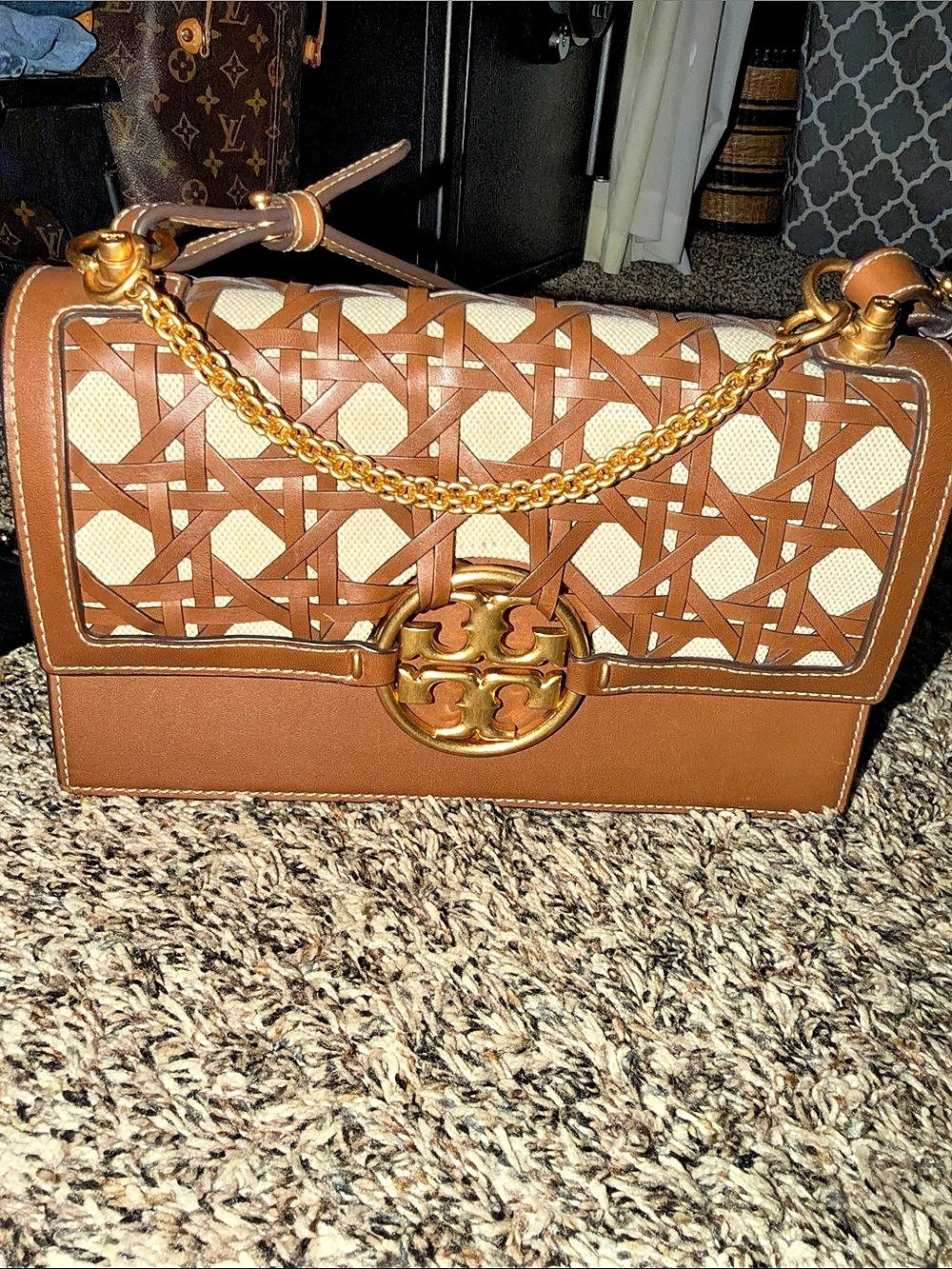 Tory Burch Miller Basket-Weave Shoulder Bag Geometric Shoulder Bag in Brown &